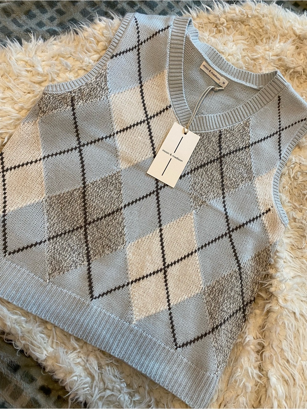 moon & madison Argyle Knit Sweater Vest in Light Blue and Cream